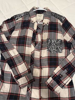 Abercrombie & Fitch Black, Gray & Cream Plaid Sequin-Accent Shirt